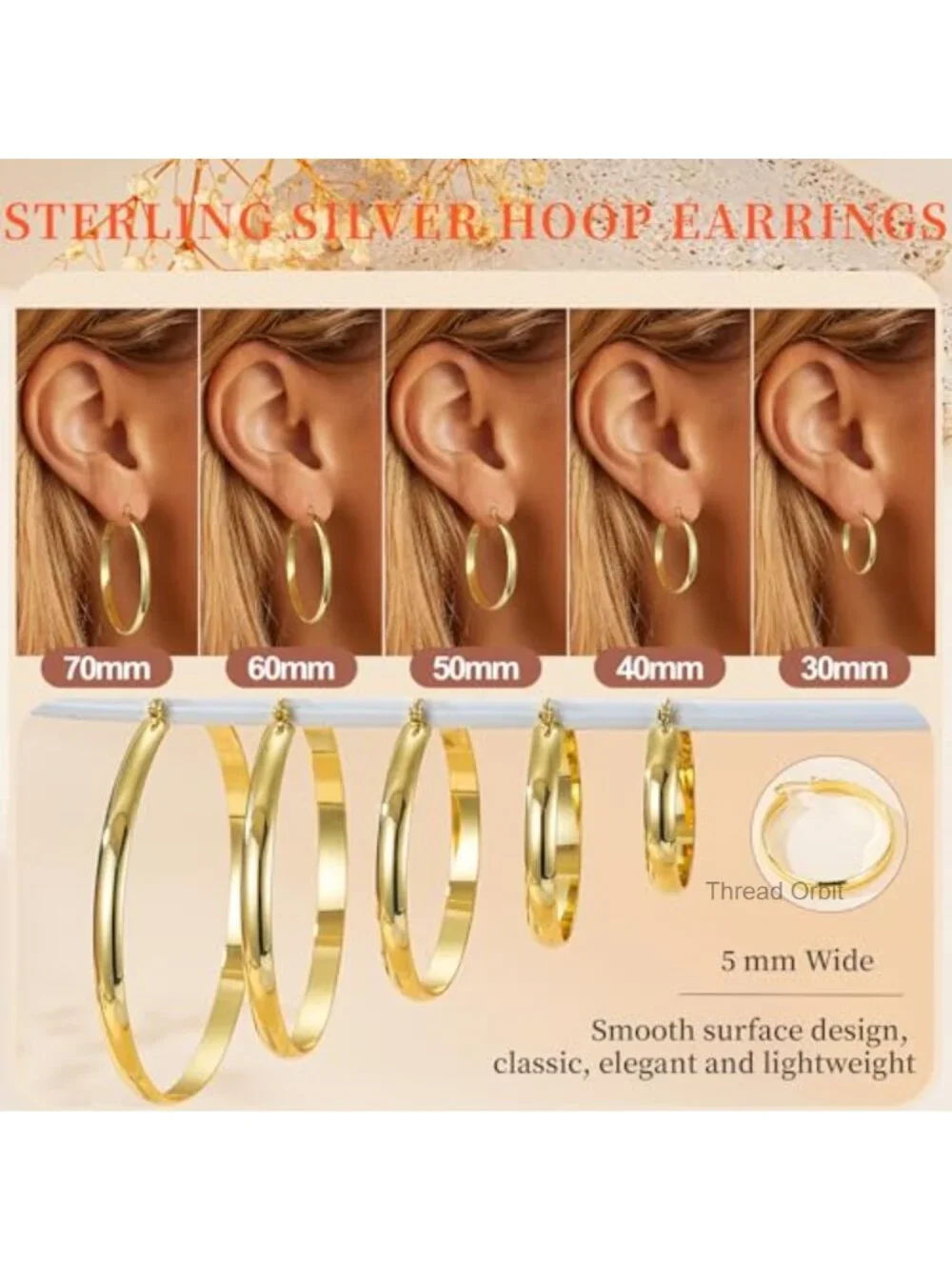 5mm Wide 14K Gold Plated Hoop Earrings Hypoallergenic Sterling Silver